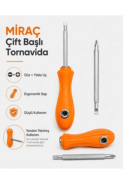 Miraç Çift Başlı Düz ve Yıldız Uçlu Yandan Takılabilir T Tornavida Ergonomik ...
