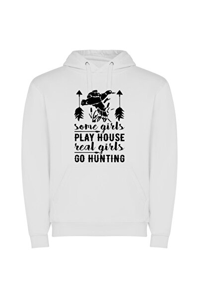 iLovePrints Genuine Girls Go Hunting Φούτερ με κουκούλα σε χρώμα Λευκό