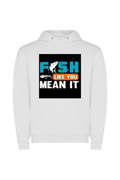 iLovePrints Fins Up, Fish Lover! Φούτερ με κουκούλα σε χρώμα Λευκό