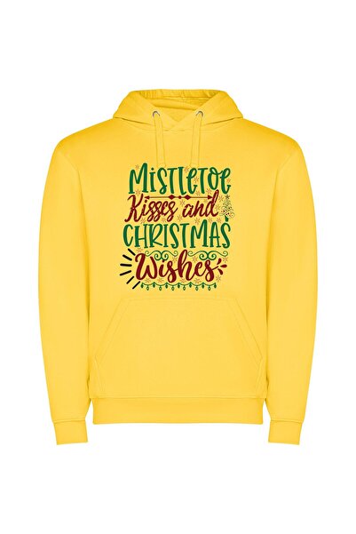 iLovePrints Mistle-Kissed Festive Wishes Φούτερ με κουκούλα σε χρώμα Κίτρινο