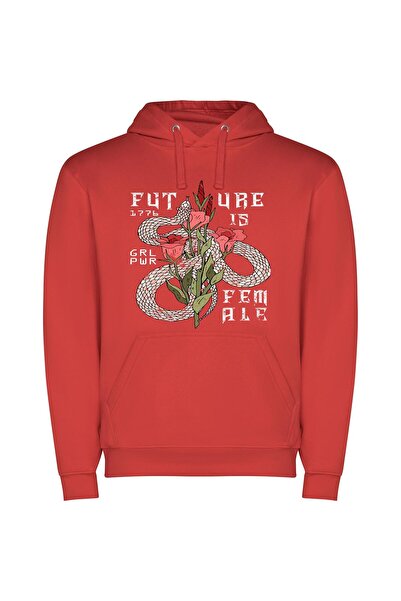 iLovePrints Floralpunk Silk Screen Art Φούτερ με κουκούλα σε χρώμα Κόκκινο