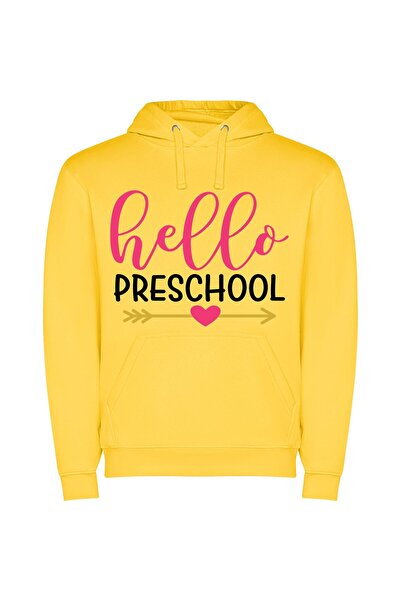 iLovePrints Hello Preschool, Old School Φούτερ με κουκούλα σε χρώμα Κίτρινο
