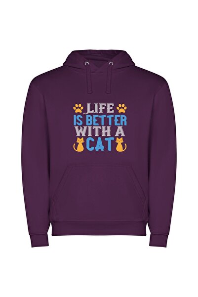 iLovePrints Fanciful Feline Friendship Φούτερ με κουκούλα σε χρώμα Μωβ
