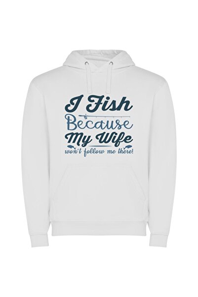 iLovePrints Solitary Serenity: Fishing Alone Φούτερ με κουκούλα σε χρώμα Λευκό