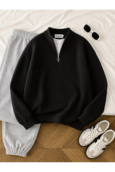 threeoff Men's Thessaloniki Knitted Half-Zip Knitwear Sweater High Collar Win...