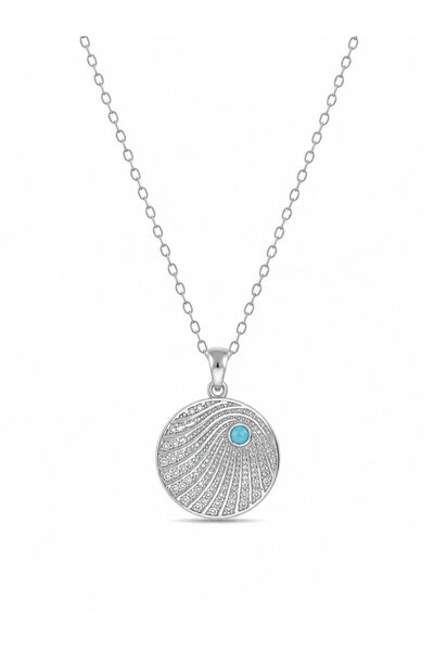 serelya 316L Steel Silver Color Chain Zircon Stone Blue Stone Detailed Medall...