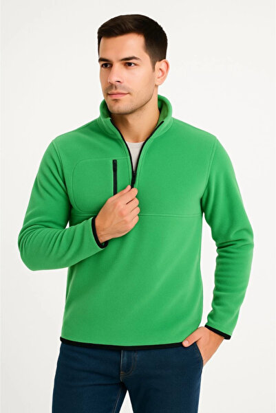 Simala Men's Fleece Sweatshirt – Stand Collar, Half Zipper, Zippered Chest Po...