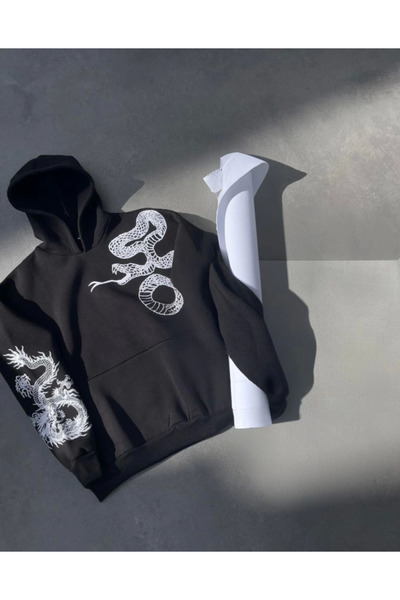 oniks store Long Sleeve Hooded Printed Sweatshirt - Black