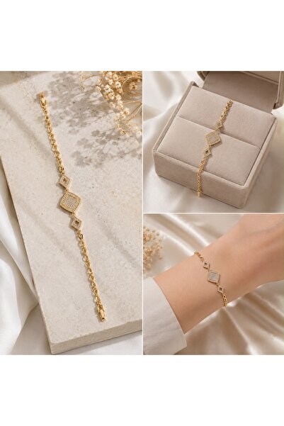 CM Zircon Stone Geometric Design Gold Color Steel Bracelet