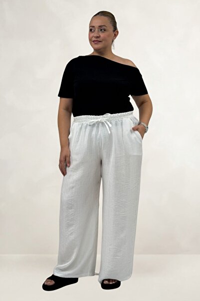 Eslina 69012 Large Size Elastic Waist Wide Leg Double Tensel Trousers with Po...