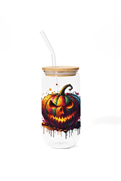 Pahar Cana din sticla cu capac din bambus - Halloween I