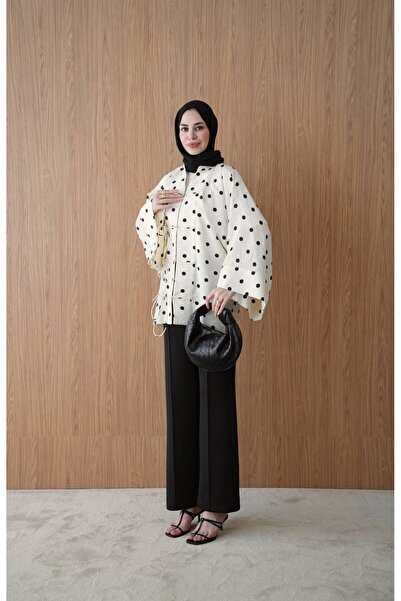 Genel Markalar Puantiyeli Bağlama Detaylı Oversize Kimono Bluz – Kahve / Beyaz