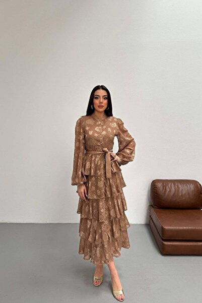 Moda Days فستان نسائي من فرو المنك بياقة هاكيم ونقشة زهور وحزام وطبقات متعددة...