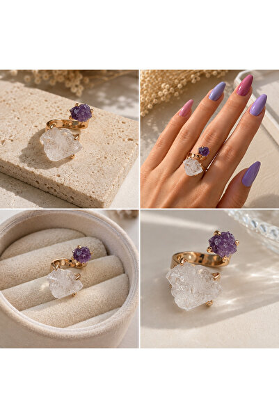 The Magıc of Healıng Adjustable Ring with Natural Amethyst & Crystal Quartz Stones