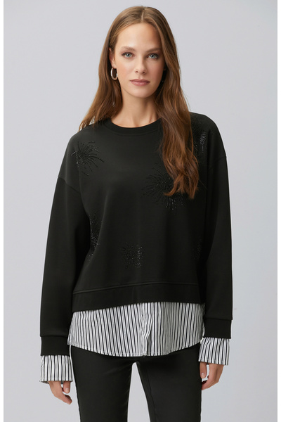 Network Siyah Taş Detaylı Dokuma Garnili Sweatshirt