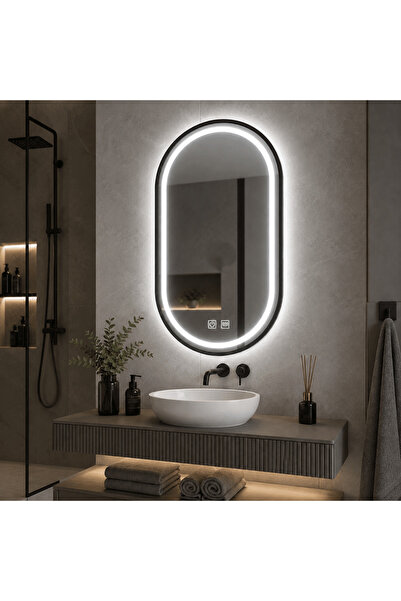 shark design LED овално огледало 50×80 см с матирана черна рамка, Модел, Прот...