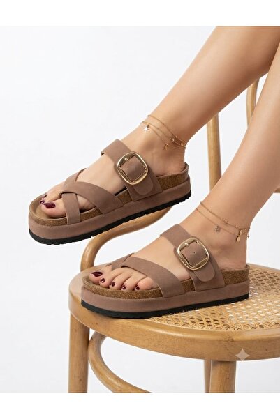 McDark Women's Platform Sole 6 cm High Flat Cork Single Toe Slippers-Taba