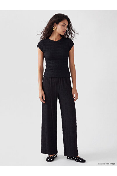 LC Waikiki Black Textured Women's Trousers with Elastic Waist