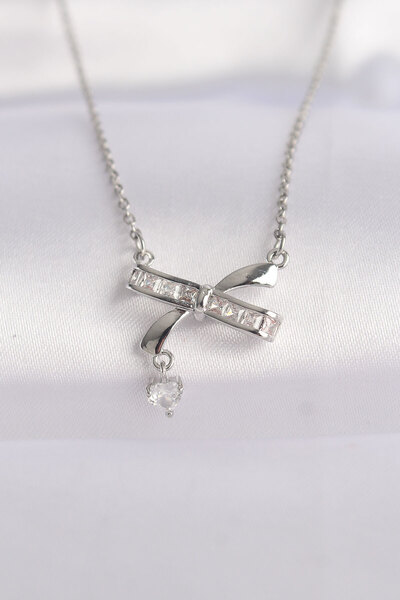 DMR Elegance 316L Steel Chain Silver Color Zircon Stone Heart Detail Bow Pendant