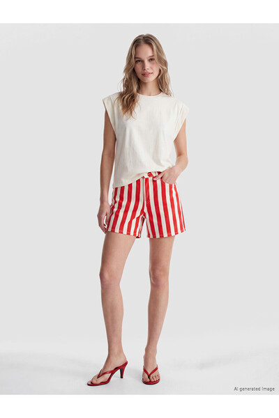 LC Waikiki Red High Waist Striped Women's Jean Shorts