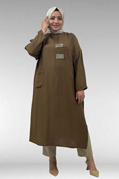 Eslina 68044 Large Size Double Tensel Tunic with Stone Print Detail - Tan
