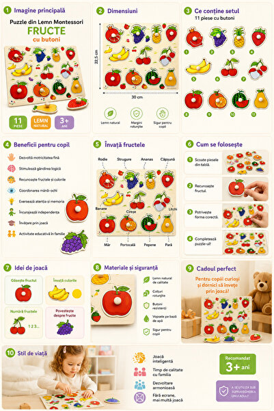Generic Brand Puzzle de Incastru din Lemn Montessori – Fructe cu Butoni