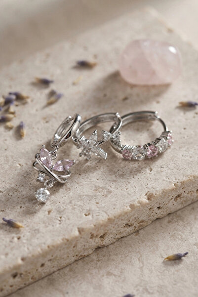 ARMÜZ Set of 3 Silver Color Zircon Stone Butterfly Model Earrings