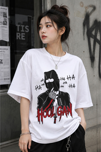 barsdepo Tricou alb oversize cu imprimeu HOOLIGAN |   Calitate Premium - Cu C...