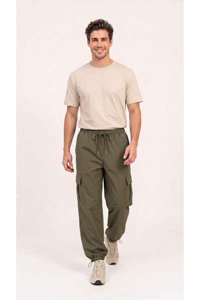 BADESSA Men's Khaki Cargo Pocket Thin Parachute Fabric Trousers, Comfortable ...