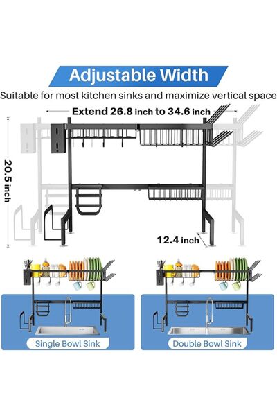 SNTD Over The Sink Dish Drying Rack, Full Stainless Steel 2-Tier Kitchen Coun...