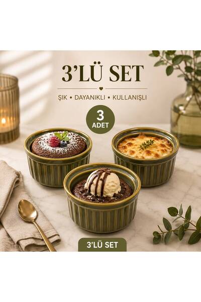 Genel Markalar 3’lü Porselen Sufle Kabı – Fırına Uygun Ramekin Kase – Yeşil