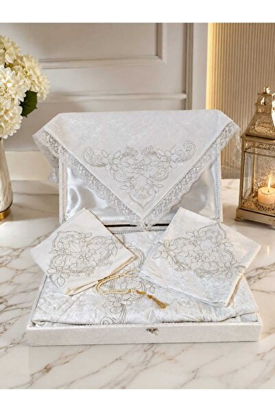 çeyizköşesi Cream Luxury Velvet French Laced 5 Piece Prayer Rug Set-Dowry Bun...