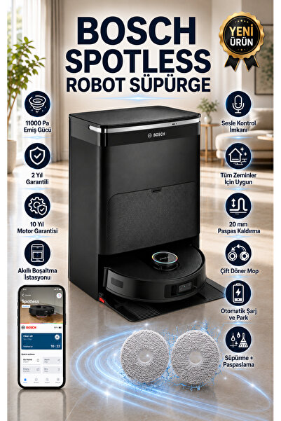 Bosch Premium Extra Güçlü Robot Süpürge, 11.000 Pa Güçlü Emiş, Otomatik Toz v...
