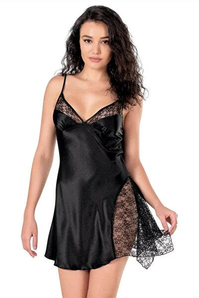 SS HOME CONCEPT Lace Embroidered Thin Strap Black Short Satin Nightgown