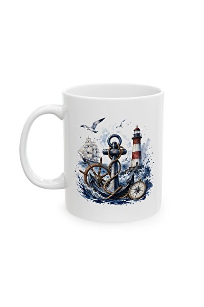 Denizcilik Temalı Çapa ve Deniz Feneri Desenli A Sınıf Porselen Kupa 330 ml KF27072607