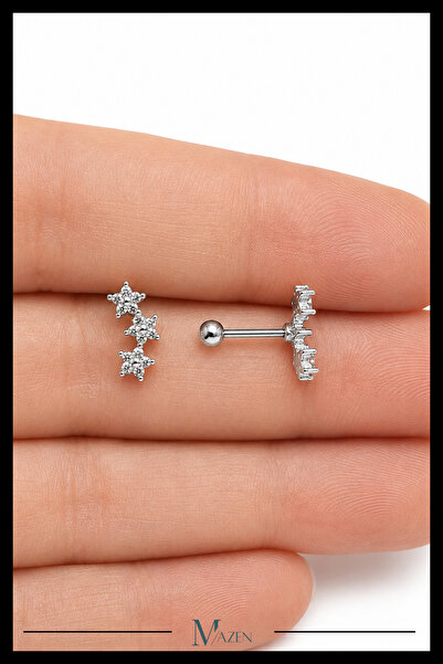 MAZEN Üçlü Yıldız Tragus Piercing Çelik Gümüş Renk Parlak Figürlü