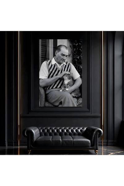 burmus Atatürk ve Kedi I Cam Tablo Giriş Holü Duvar Tablosu Minimalist Görünü...
