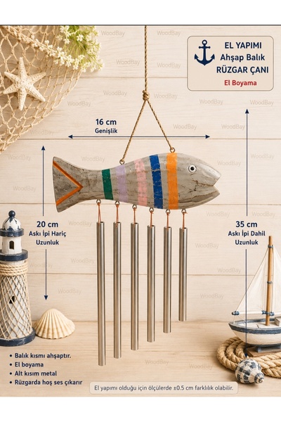 WoodBay El Yapımı Ahşap Balık Rüzgar Çanı 35 cm – Metal Çanlı Dekoratif Balko...