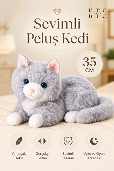 KTS SHOP 35 cm Sesli Miyavlayan Peluş Kedi Yumuşak Oyuncak Kedi Uyku ve Oyun ...