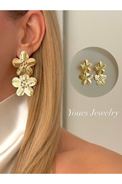 YOUES JEWELRY ÇELİK 14K ALTIN RENK ÇİÇEK KÜPE