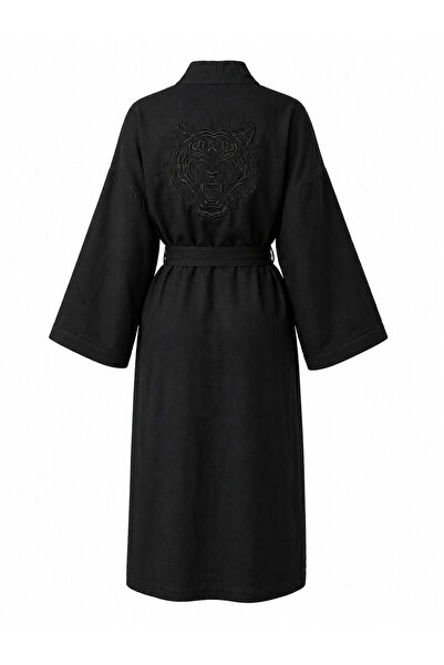 Saraswati Society Black 100% Linen Premium Kimono with Tiger Face Pattern