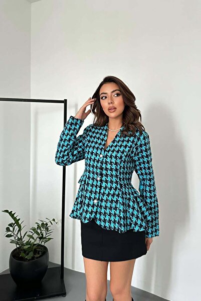 Clothes Fast سترة نسائية زرقاء منقوشة بنقشة مربعات وياقة على شكل حرف V وأكمام...
