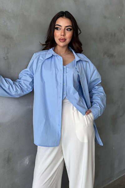Moda Days Women's Blue Vest Shirt Suit Shirt Collar Buttoned Long Sleeve Over...