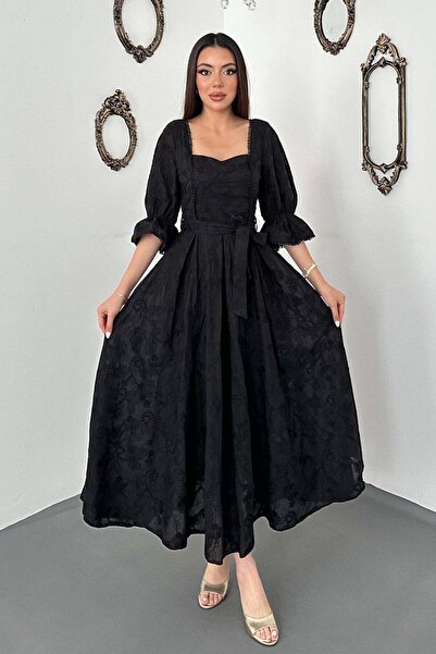 Clothes Fast Women's Black Brode Embroidered Square Neck Balloon Sleeve Belte...