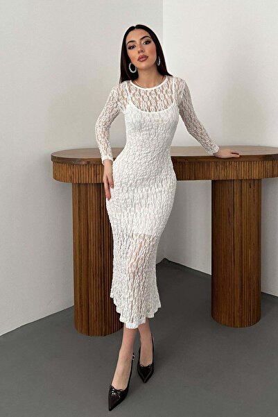 Clothes Fast Women's White Long Sleeve Lined Lace Fitted Maxi Event Dress