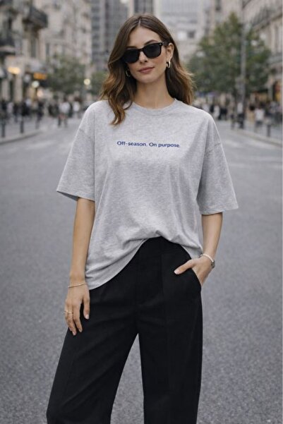 Clothes Fast Women's Gray T-Shirt Oversize Round Neck Front and Back Letterin...