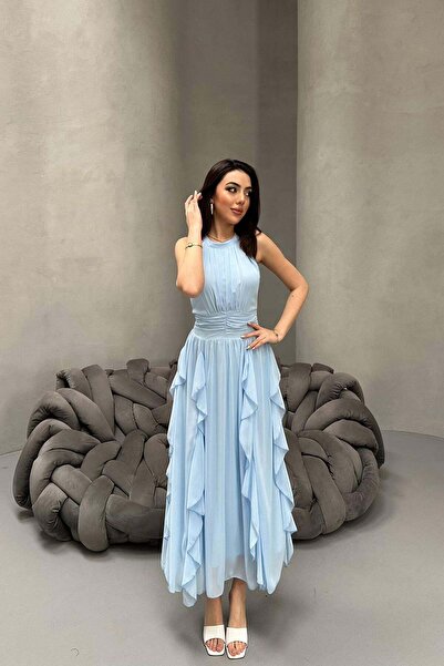 Moda Days Kadın Bebe Mavi Maxi Elbise Halter Yaka Büzgülü Fırfır Detaylı Astarlı