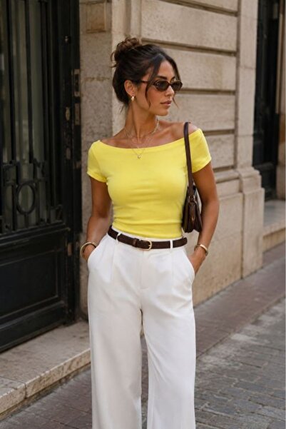 Moda Days Women's Yellow Blouse Boat Neck Off the Shoulders Short Sleeve Plai...