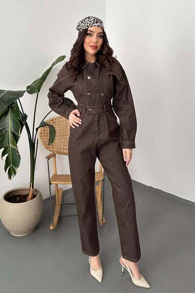Clothes Fast Γυναικεία καφέ τζιν ολόσωμη φόρμα με γιακά πουκάμισου, ζώνη, κου...