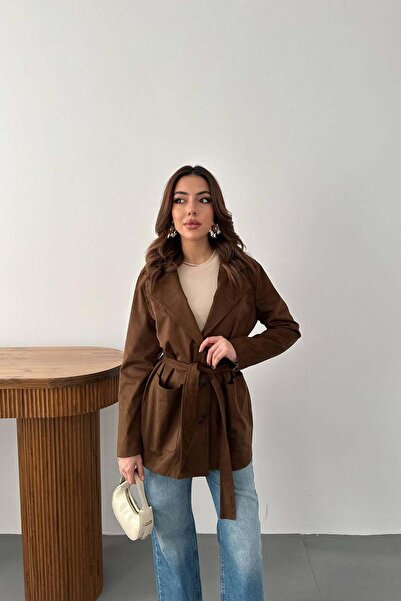 Moda Days سترة نسائية من جلد الغزال ذات ياقة وحزام وجيوب بأزرار، بطول عادي